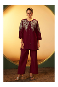 Maroon Embroidered Flared Roman Silk Co-ord Set