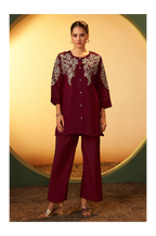 Maroon Embroidered Flared Roman Silk Co-ord Set