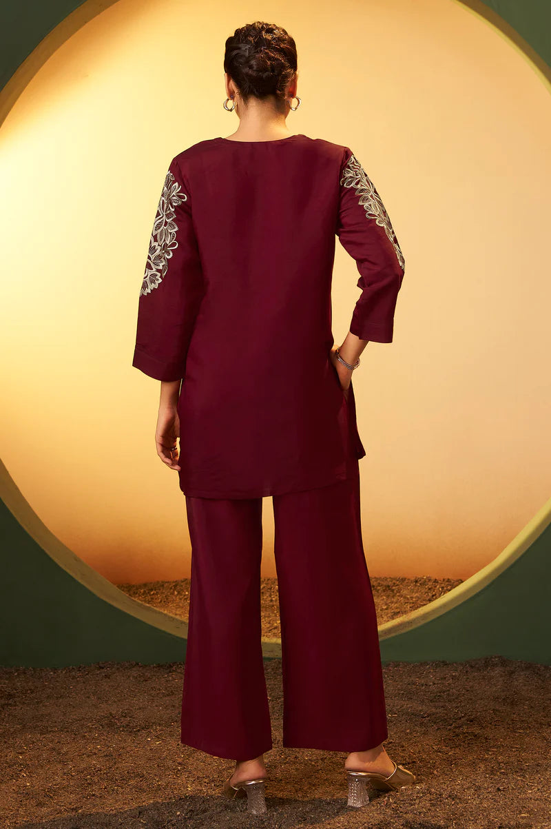 Maroon Embroidered Flared Roman Silk Co-ord Set