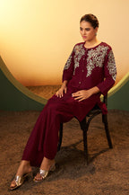 Maroon Embroidered Flared Roman Silk Co-ord Set