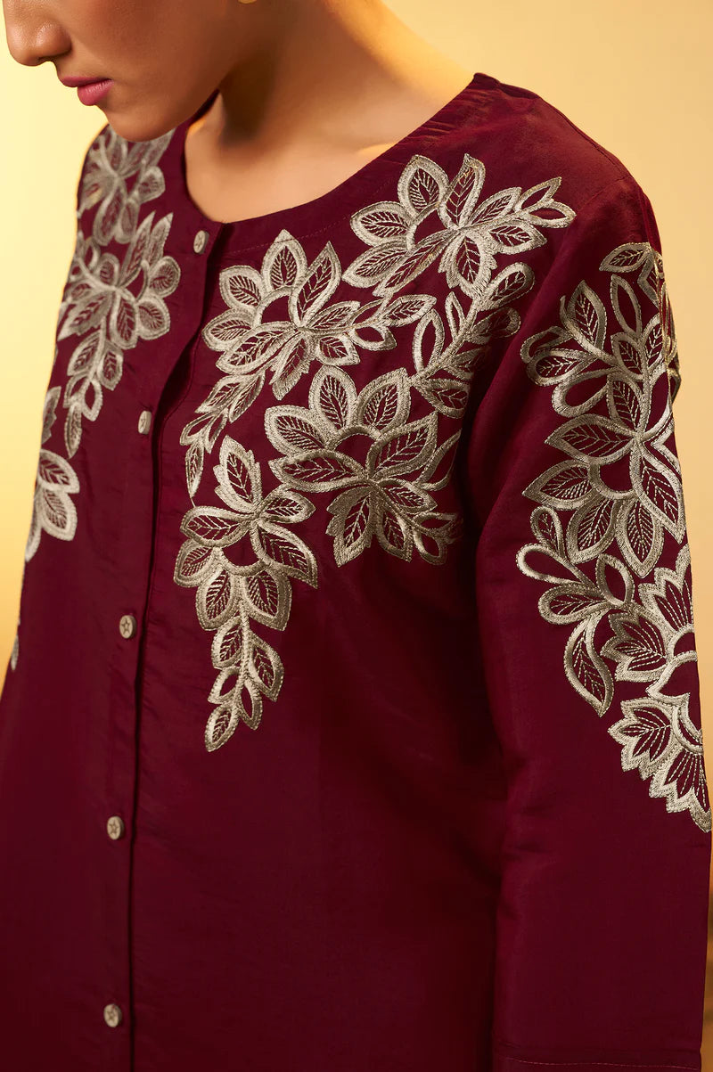 Maroon Embroidered Flared Roman Silk Co-ord Set