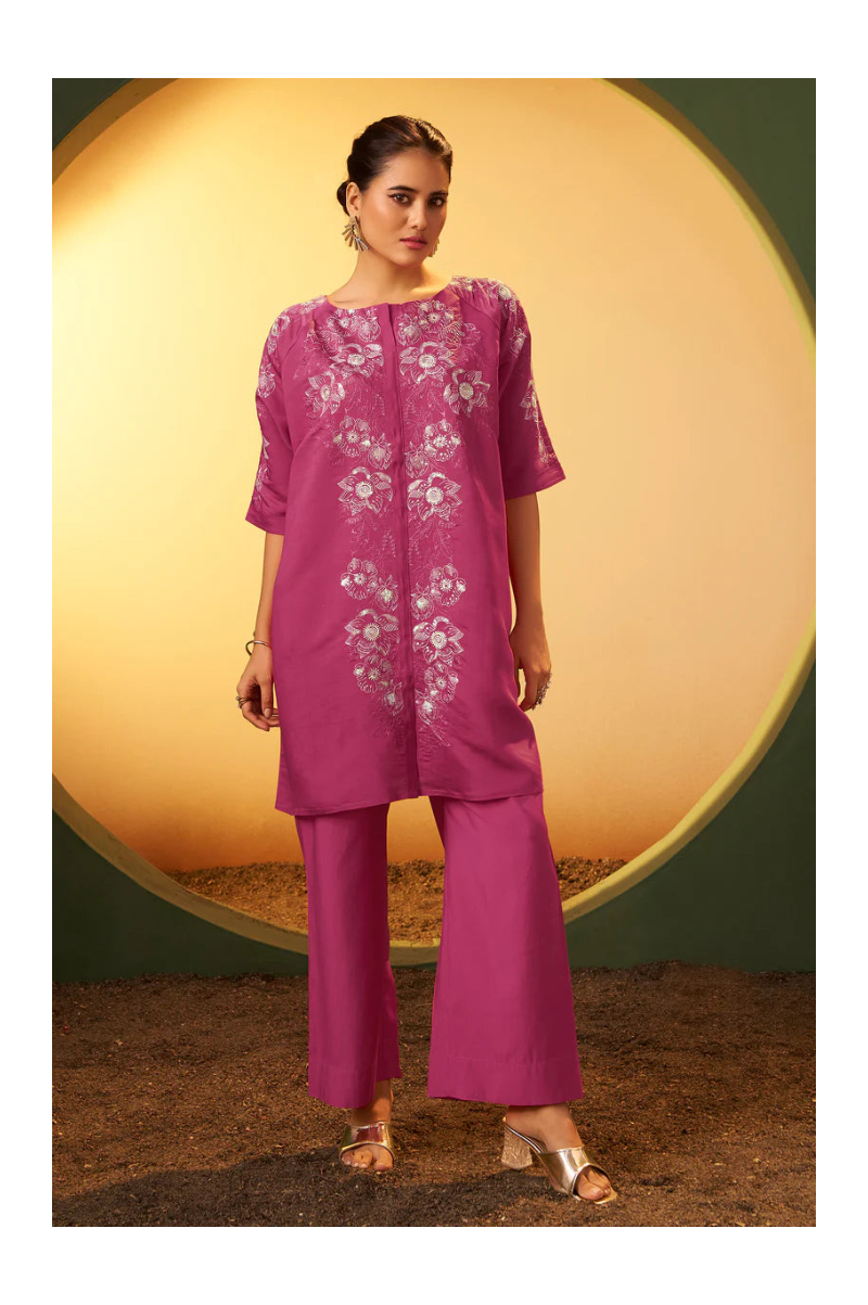 Light Pink Embroidered Flared Roman Silk Co-ord Set