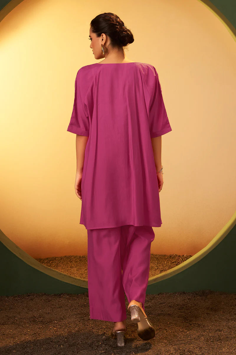 Light Pink Embroidered Flared Roman Silk Co-ord Set