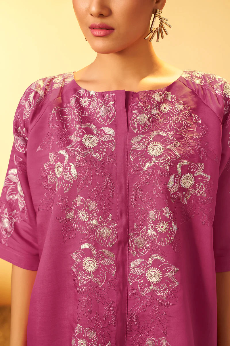 Light Pink Embroidered Flared Roman Silk Co-ord Set