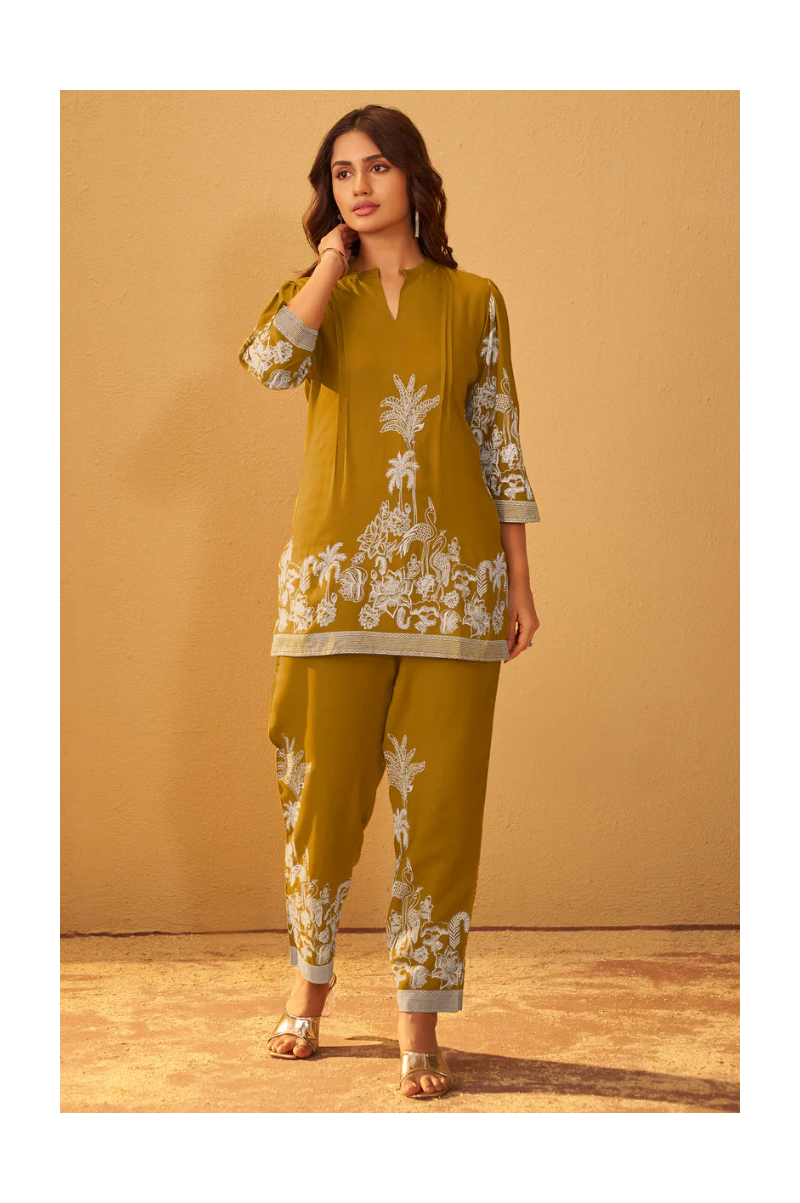 Mustard Rayon Floral Printed Co-Ord Set For Women