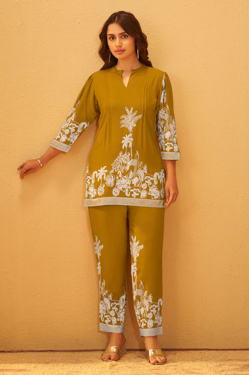 Mustard Rayon Floral Printed Co-Ord Set For Women