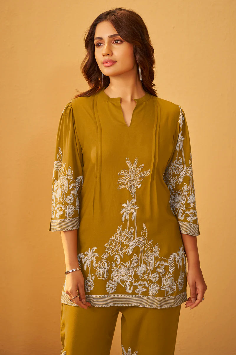 Mustard Rayon Floral Printed Co-Ord Set For Women