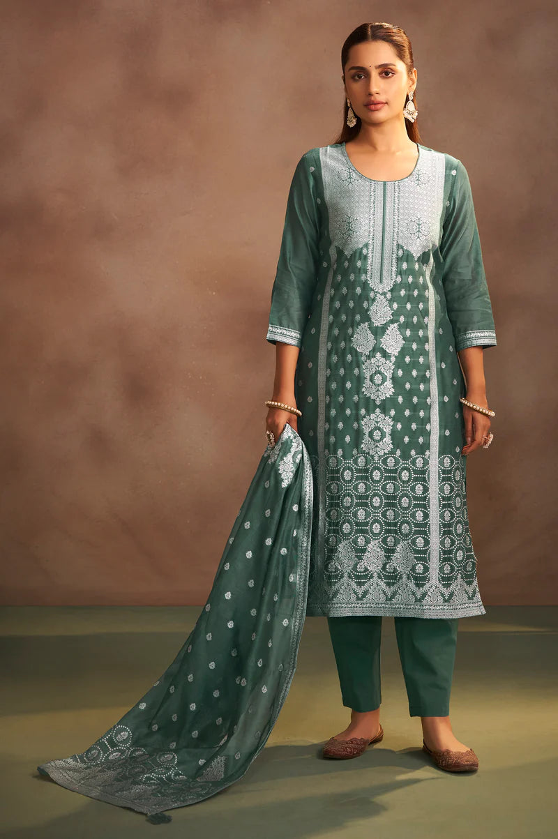 Dusty Green Jacquard Art Silk Straight Kurta Set with Cotton Bottom & Silk Blend Dupatta