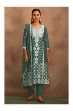 Dusty Green Jacquard Art Silk Straight Kurta Set with Cotton Bottom & Silk Blend Dupatta