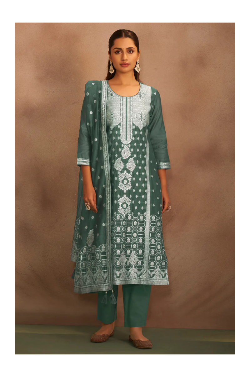 Dusty Green Jacquard Art Silk Straight Kurta Set with Cotton Bottom & Silk Blend Dupatta