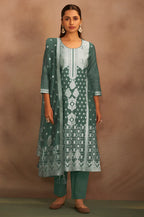 Dusty Green Jacquard Art Silk Straight Kurta Set with Cotton Bottom & Silk Blend Dupatta