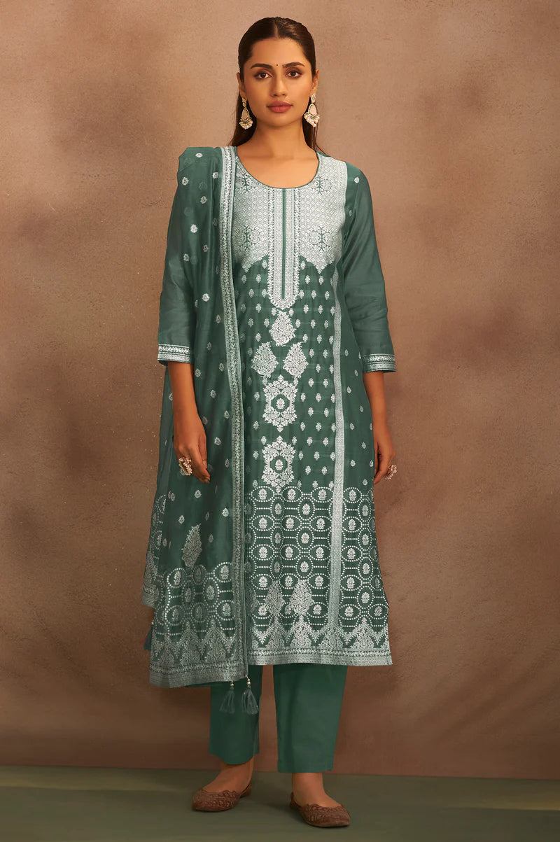 Dusty Green Jacquard Art Silk Straight Kurta Set with Cotton Bottom & Silk Blend Dupatta