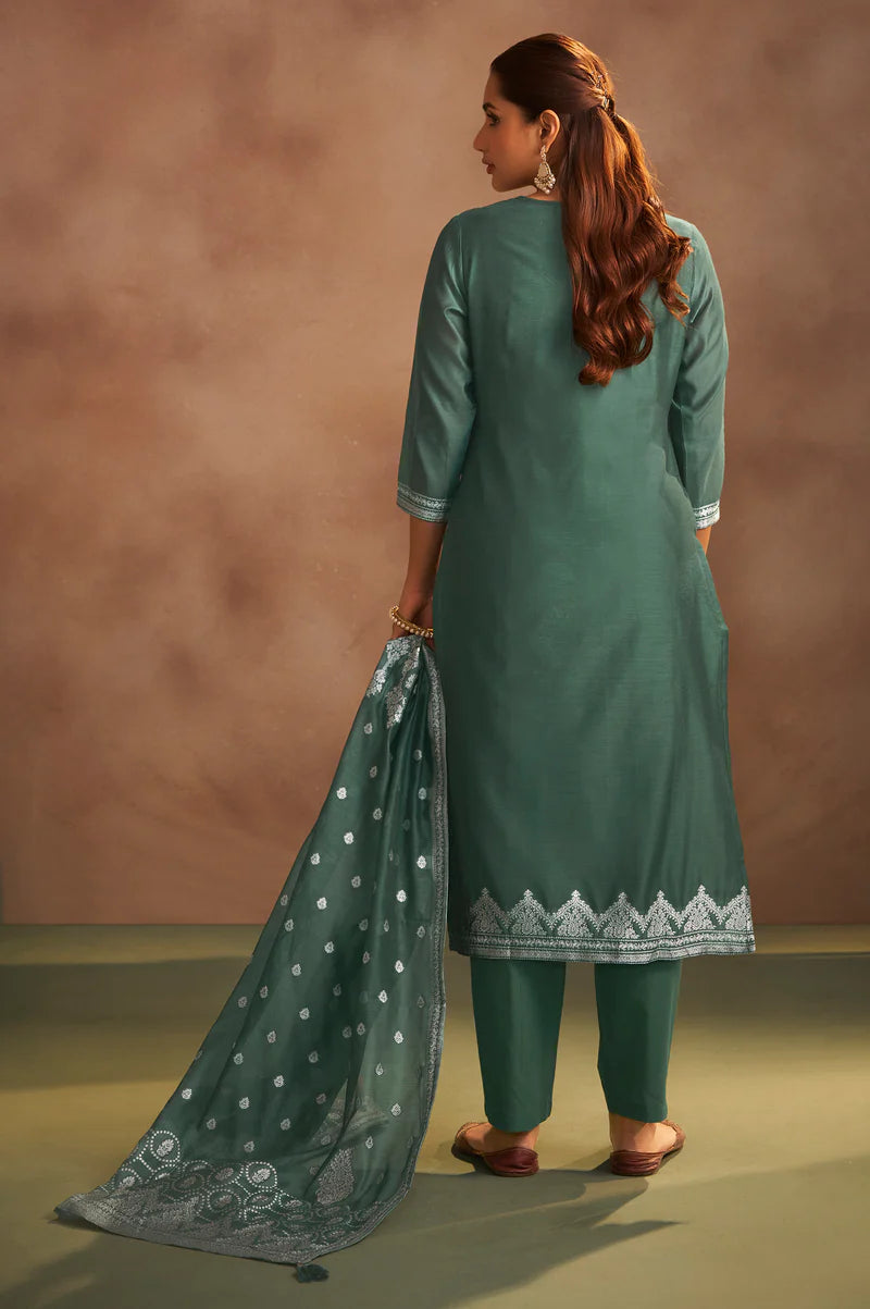 Dusty Green Jacquard Art Silk Straight Kurta Set with Cotton Bottom & Silk Blend Dupatta