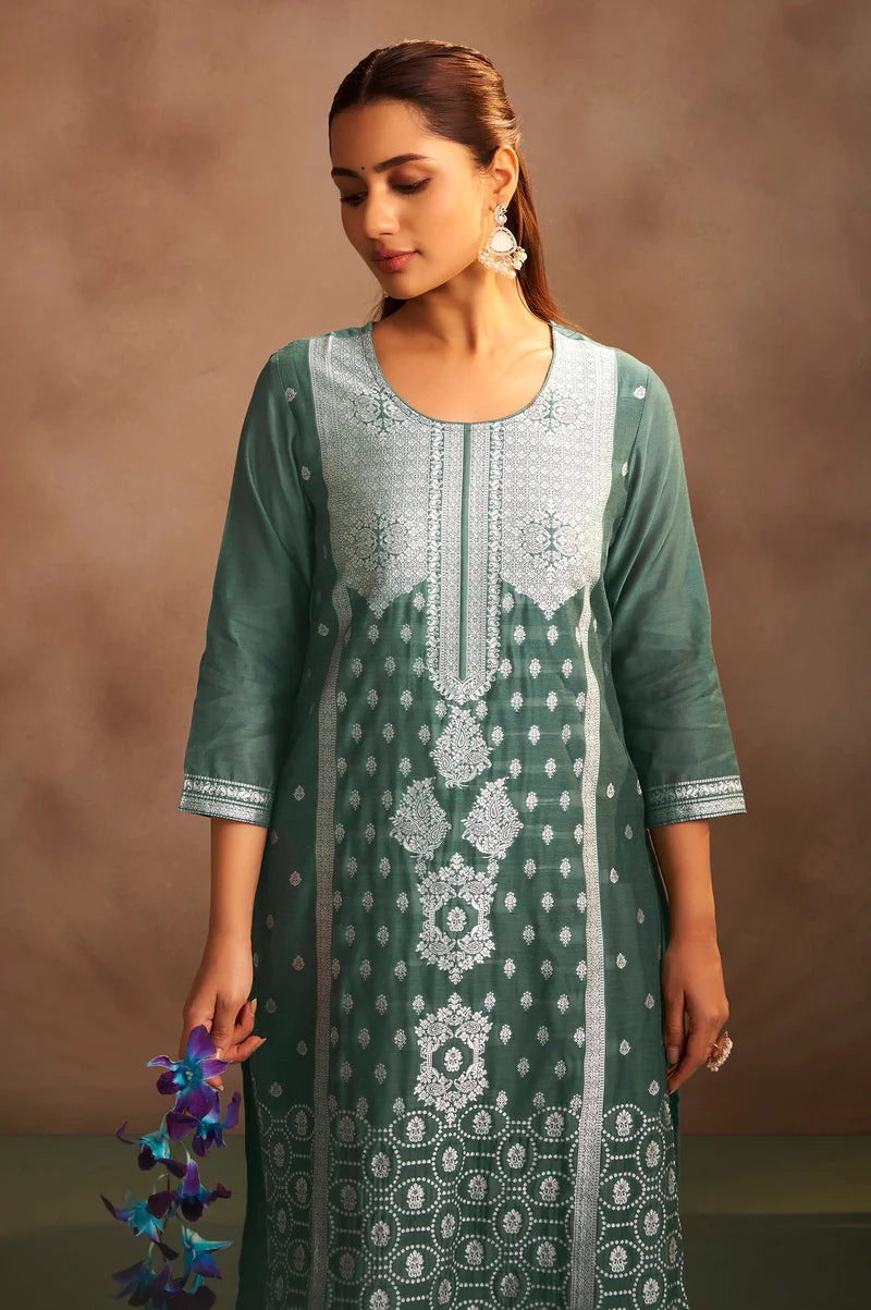 Dusty Green Jacquard Art Silk Straight Kurta Set with Cotton Bottom & Silk Blend Dupatta