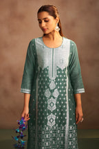 Dusty Green Jacquard Art Silk Straight Kurta Set with Cotton Bottom & Silk Blend Dupatta