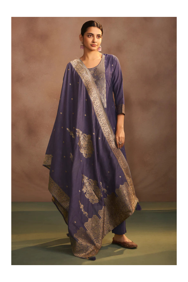 Lilac Jacquard Art Silk Straight Kurta Set with Cotton Bottom & Silk Blend Dupatta