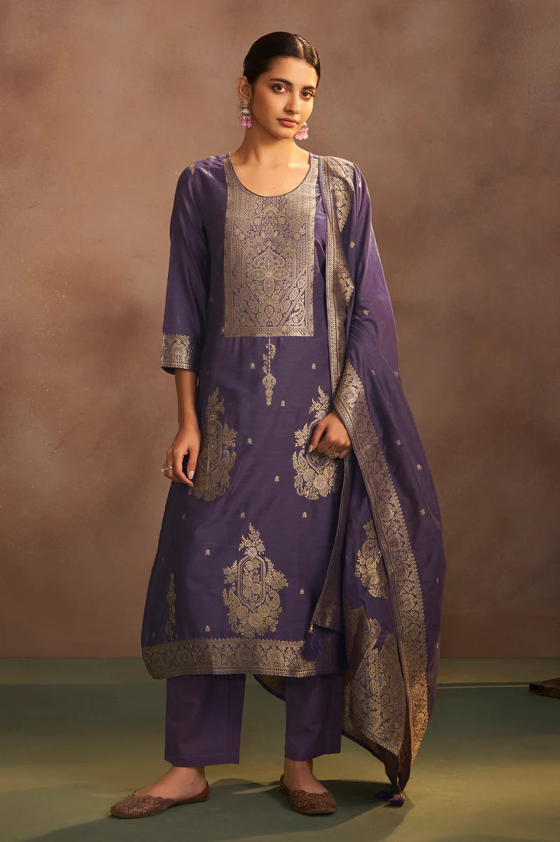 Lilac Jacquard Art Silk Straight Kurta Set with Cotton Bottom & Silk Blend Dupatta