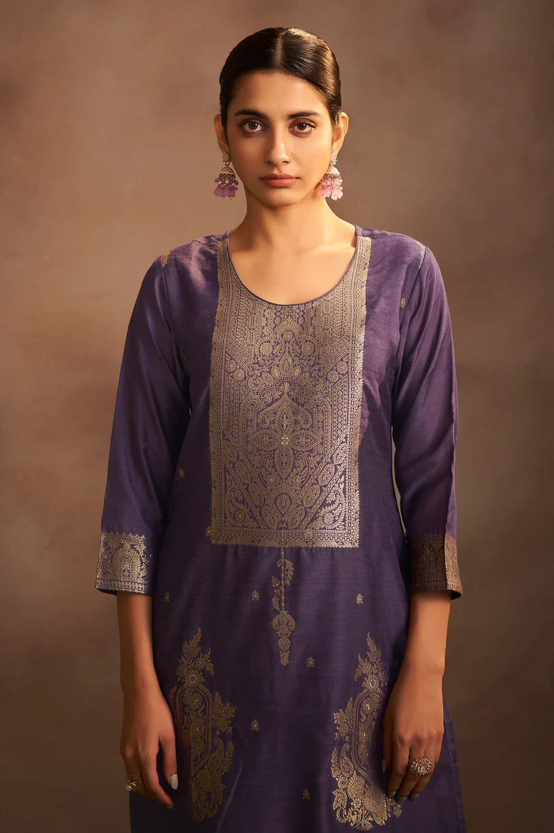 Lilac Jacquard Art Silk Straight Kurta Set with Cotton Bottom & Silk Blend Dupatta