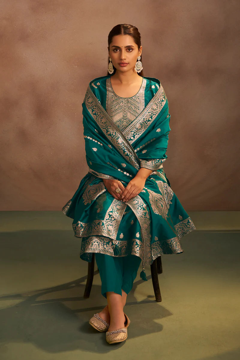 Rama Green Jacquard Art Silk Straight Kurta Set with Dupatta