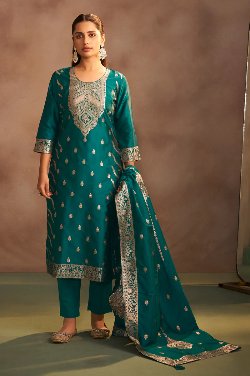 Rama Green Jacquard Art Silk Straight Kurta Set with Dupatta