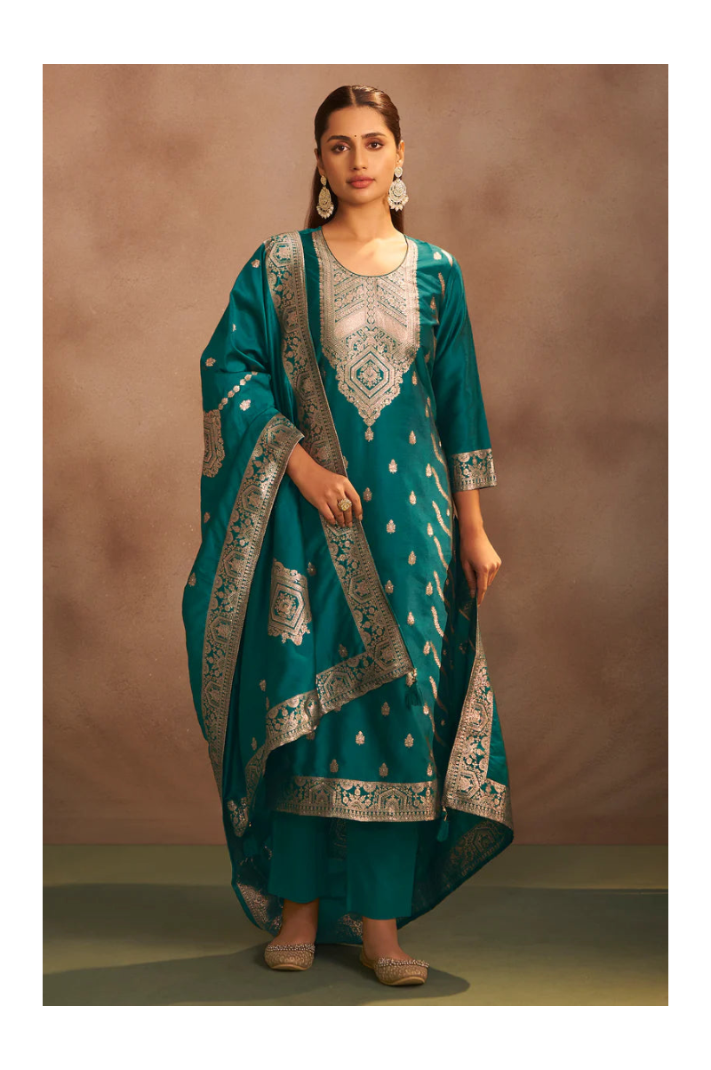 Rama Green Jacquard Art Silk Straight Kurta Set with Dupatta