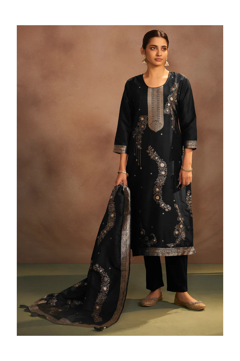 Black Jacquard Art Silk Straight Kurta Set with Cotton Bottom & Silk Blend Dupatta
