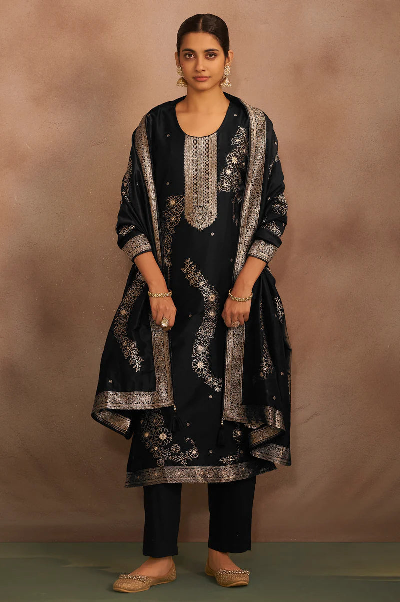 Black Jacquard Art Silk Straight Kurta Set with Cotton Bottom & Silk Blend Dupatta