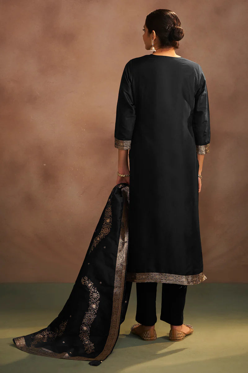Black Jacquard Art Silk Straight Kurta Set with Cotton Bottom & Silk Blend Dupatta