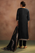 Black Jacquard Art Silk Straight Kurta Set with Cotton Bottom & Silk Blend Dupatta