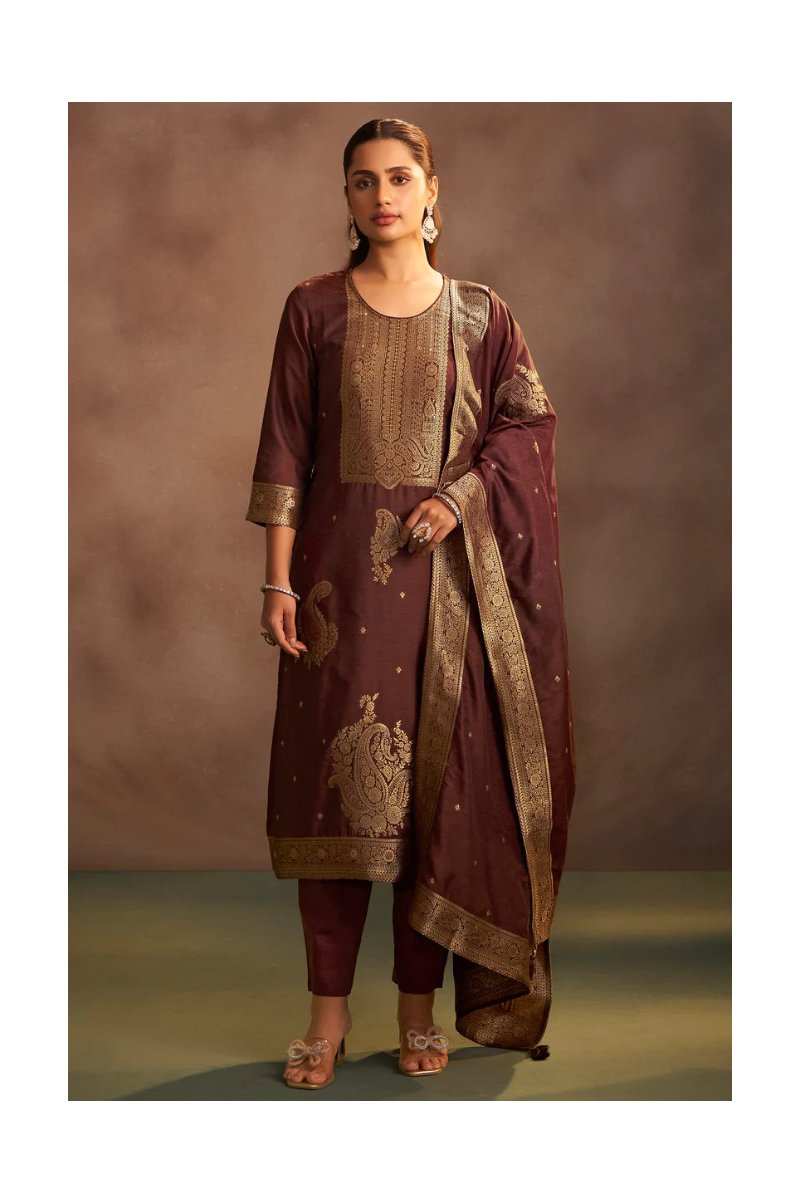 Brown Jacquard Art Silk Straight Kurta Set with Cotton Bottom & Silk Blend Dupatta