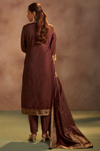 Brown Jacquard Art Silk Straight Kurta Set with Cotton Bottom & Silk Blend Dupatta