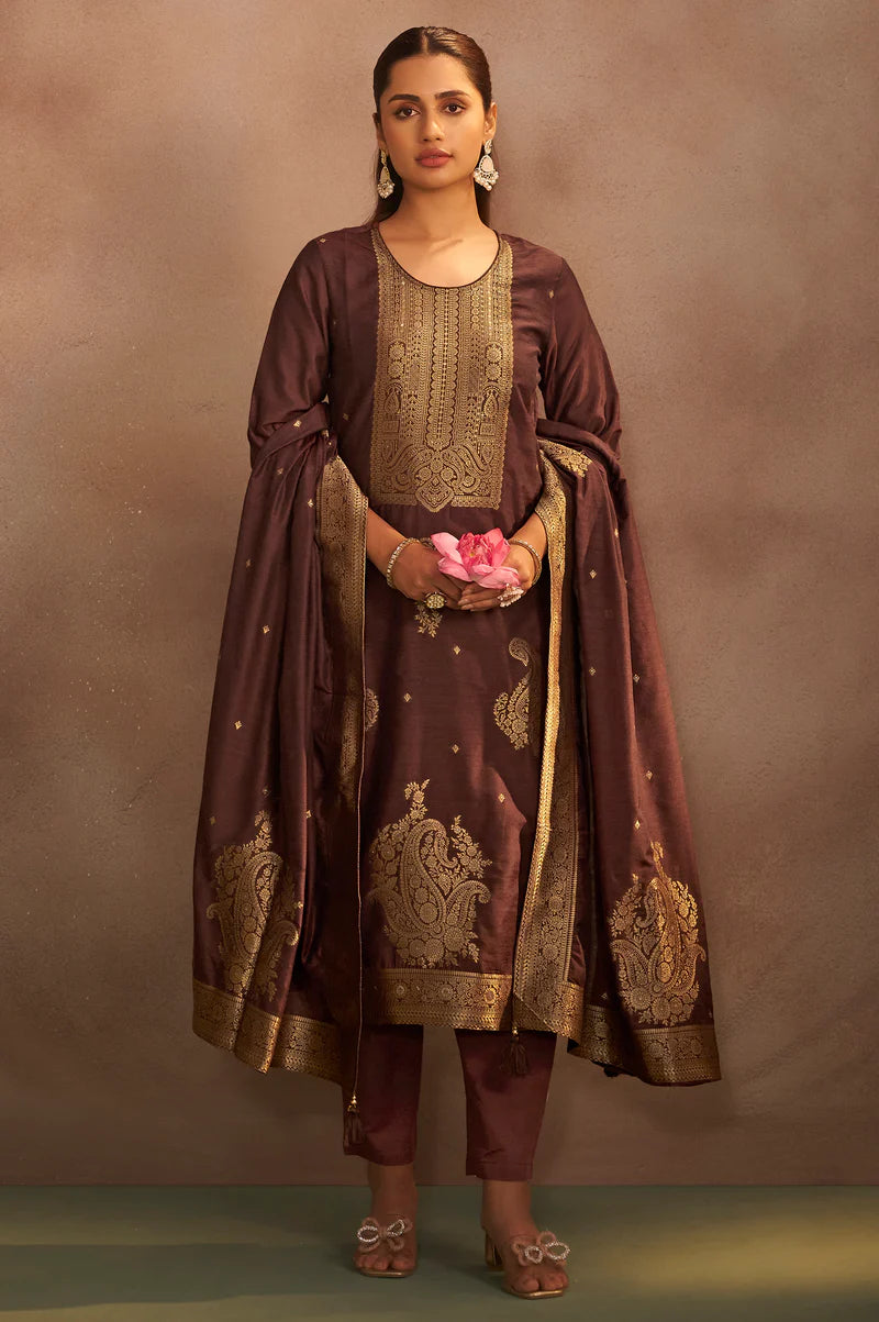 Brown Jacquard Art Silk Straight Kurta Set with Cotton Bottom & Silk Blend Dupatta