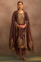 Brown Jacquard Art Silk Straight Kurta Set with Cotton Bottom & Silk Blend Dupatta