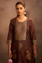 Brown Jacquard Art Silk Straight Kurta Set with Cotton Bottom & Silk Blend Dupatta
