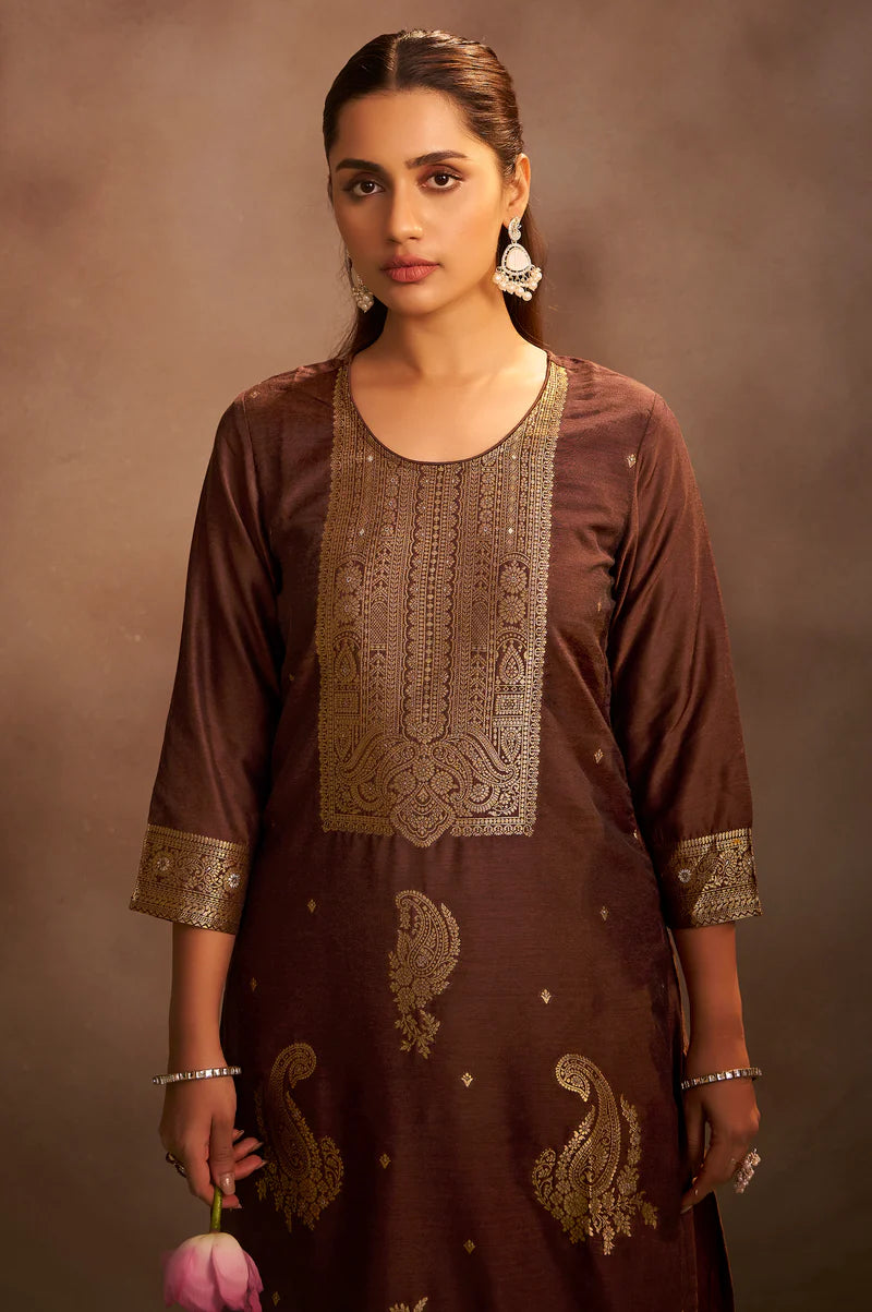 Brown Jacquard Art Silk Straight Kurta Set with Cotton Bottom & Silk Blend Dupatta