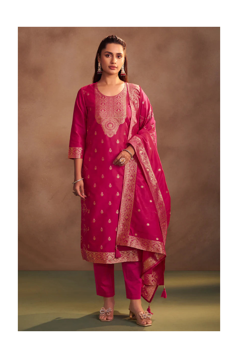 Rani Jacquard Art Silk Straight Kurta Set with Cotton Bottom & Silk Blend Dupatta