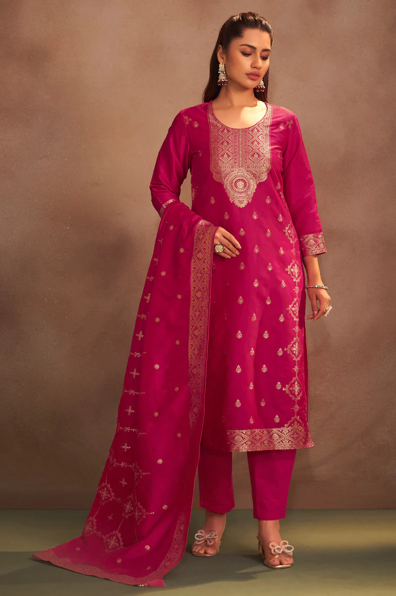 Rani Jacquard Art Silk Straight Kurta Set with Cotton Bottom & Silk Blend Dupatta