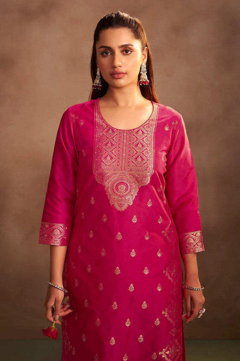 Rani Jacquard Art Silk Straight Kurta Set with Cotton Bottom & Silk Blend Dupatta