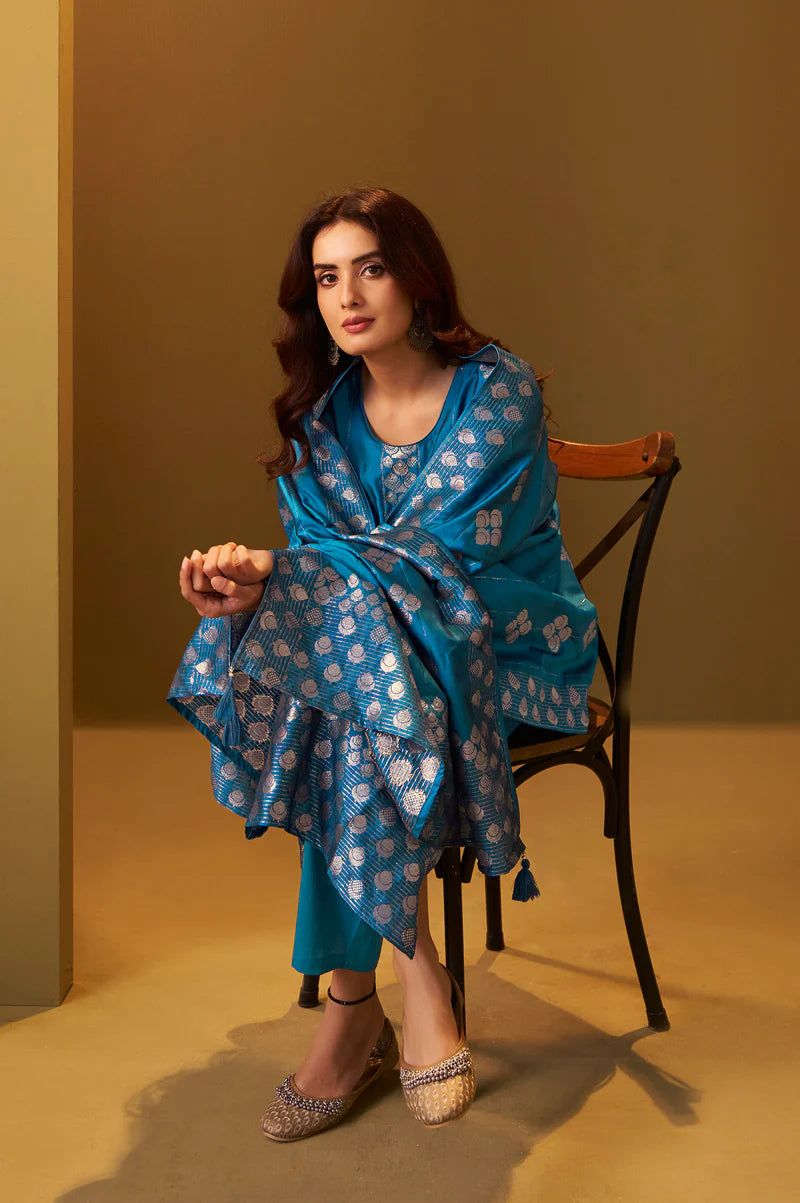Turquoise Blue Art Silk Jacquard Kurta Set with Cotton Bottom and Jacquard Dupatta