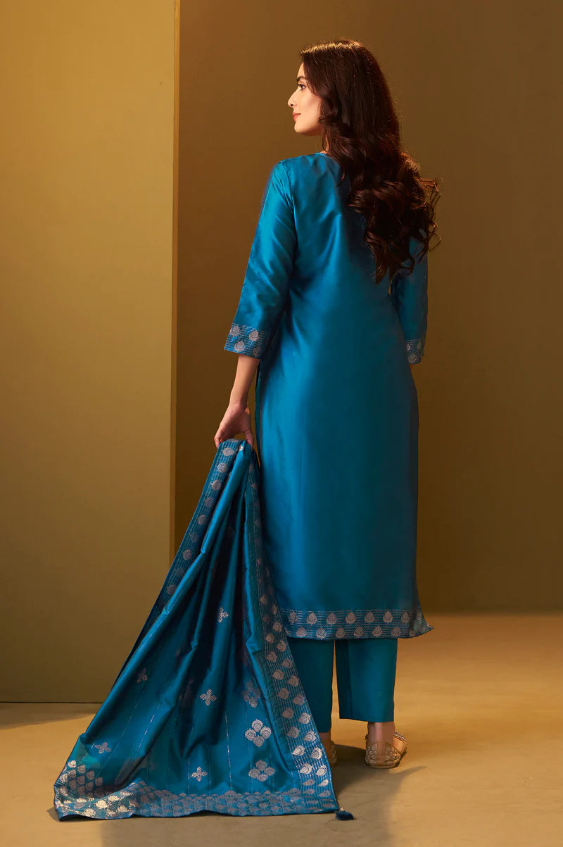 Turquoise Blue Art Silk Jacquard Kurta Set with Cotton Bottom and Jacquard Dupatta
