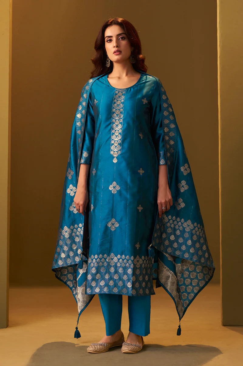 Turquoise Blue Art Silk Jacquard Kurta Set with Cotton Bottom and Jacquard Dupatta