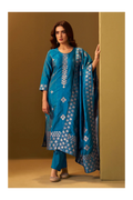 Turquoise Blue Art Silk Jacquard Kurta Set with Cotton Bottom and Jacquard Dupatta