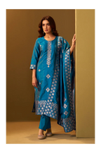 Turquoise Blue Art Silk Jacquard Kurta Set with Cotton Bottom and Jacquard Dupatta