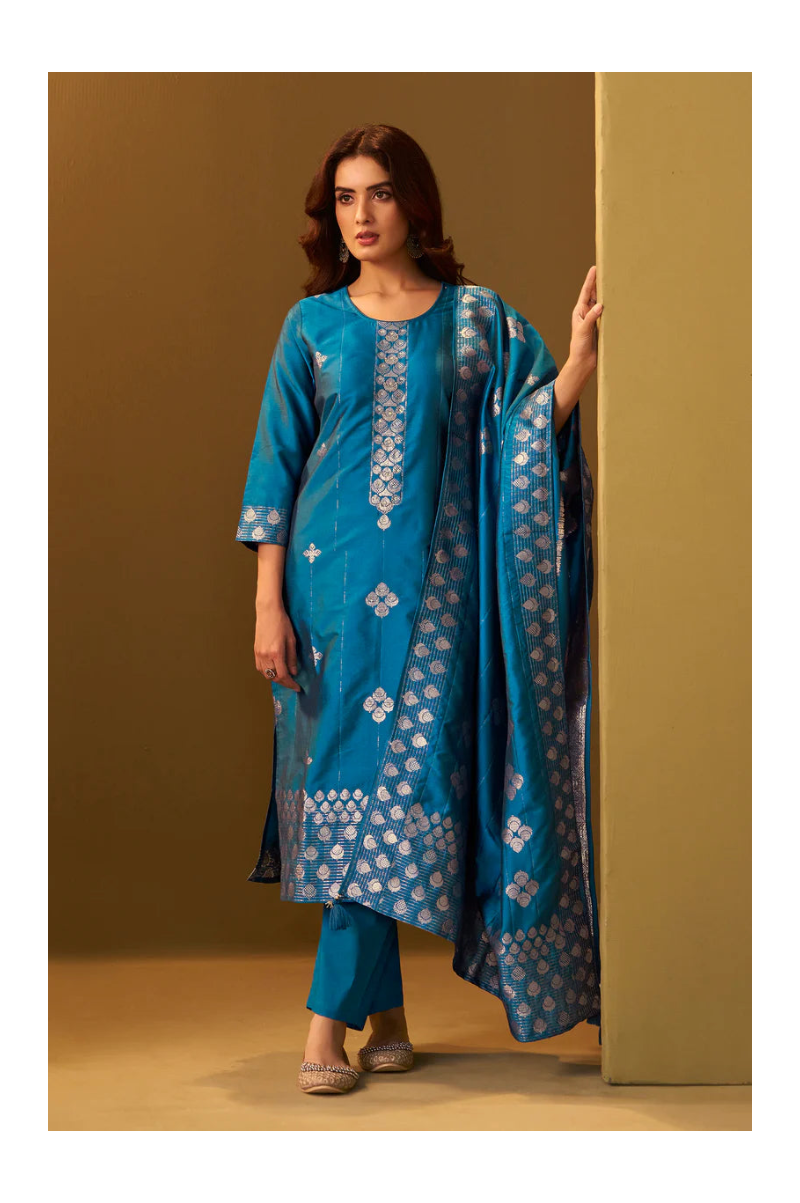 Turquoise Blue Art Silk Jacquard Kurta Set with Cotton Bottom and Jacquard Dupatta