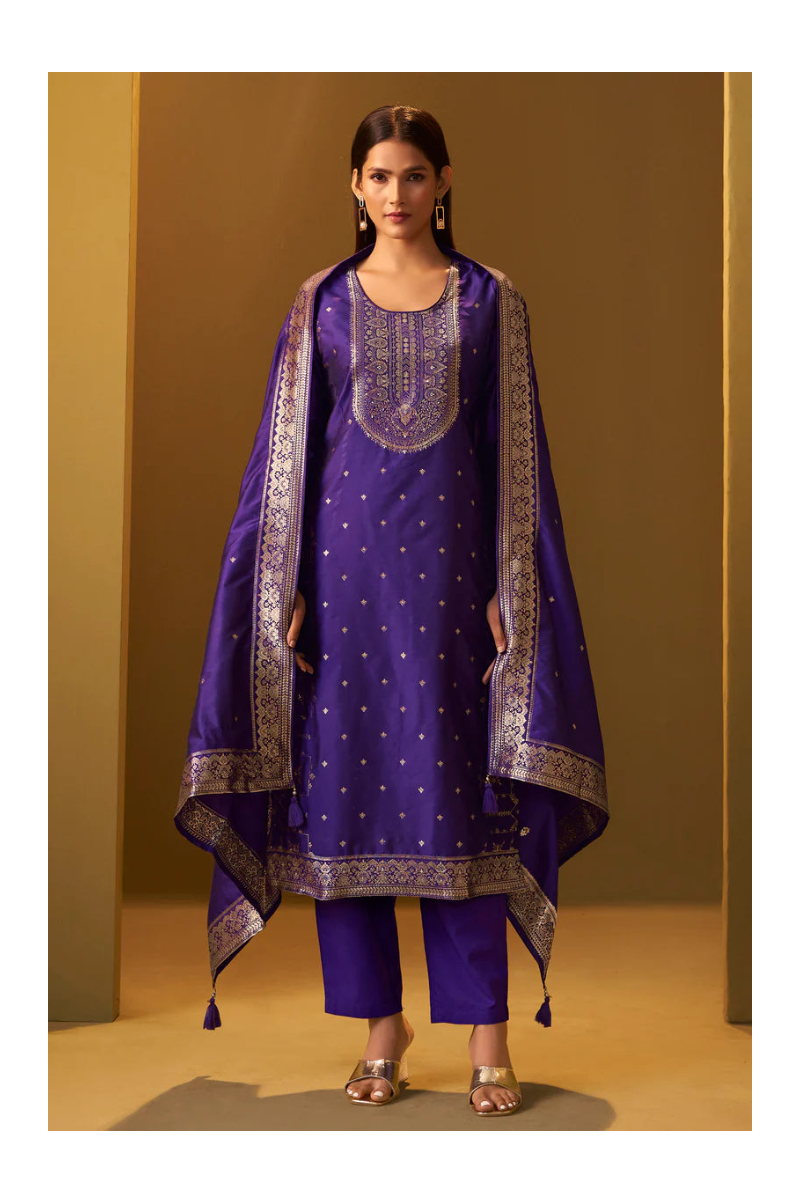 Navy Blue Jacquard Art Silk Straight Kurta Set with Cotton Bottom & Silk Blend Dupatta