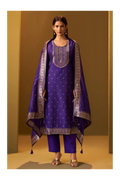 Navy Blue Jacquard Art Silk Straight Kurta Set with Cotton Bottom & Silk Blend Dupatta