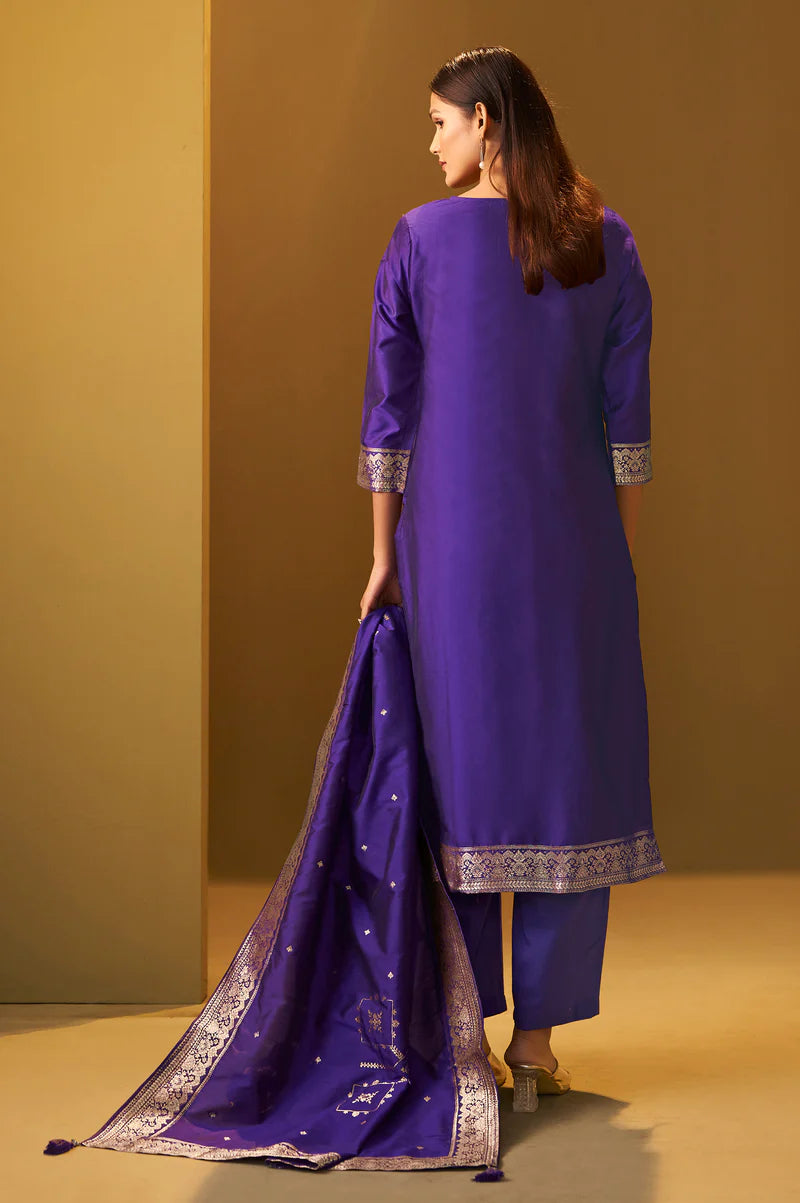 Navy Blue Jacquard Art Silk Straight Kurta Set with Cotton Bottom & Silk Blend Dupatta