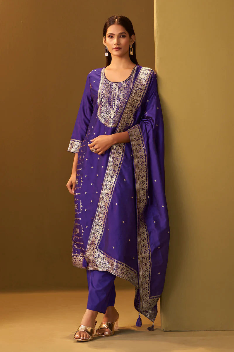 Navy Blue Jacquard Art Silk Straight Kurta Set with Cotton Bottom & Silk Blend Dupatta