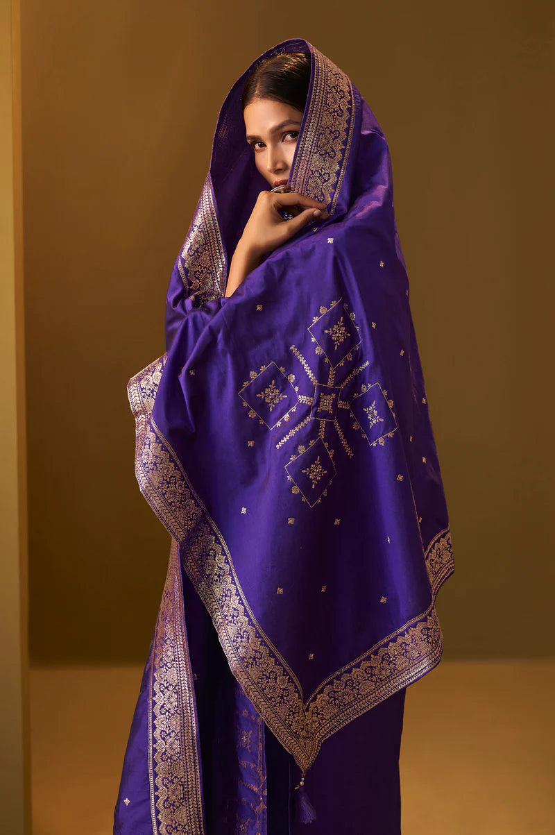 Navy Blue Jacquard Art Silk Straight Kurta Set with Cotton Bottom & Silk Blend Dupatta