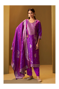 Purple Jacquard Art Silk Straight Kurta Set with Cotton Bottom & Silk Blend Dupatta
